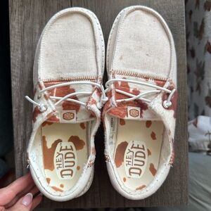Hey Dude Cow Slip-Ons in Cream & Rust Brown